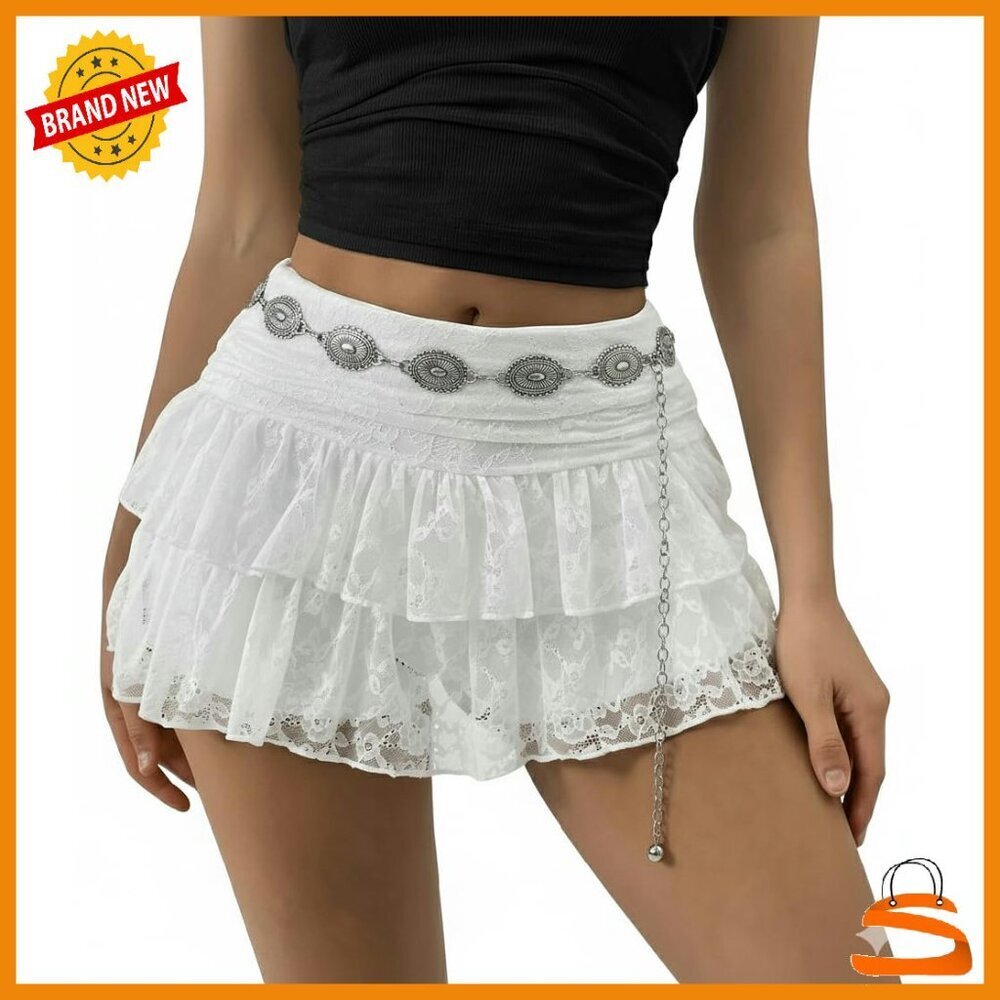 Layered Lace Mini Skirt with Waist Chain, Ruched A-Line Design